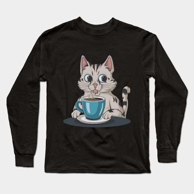 Lazy Cat Drinking Coffee Long Sleeve T-Shirt by Simo_Print